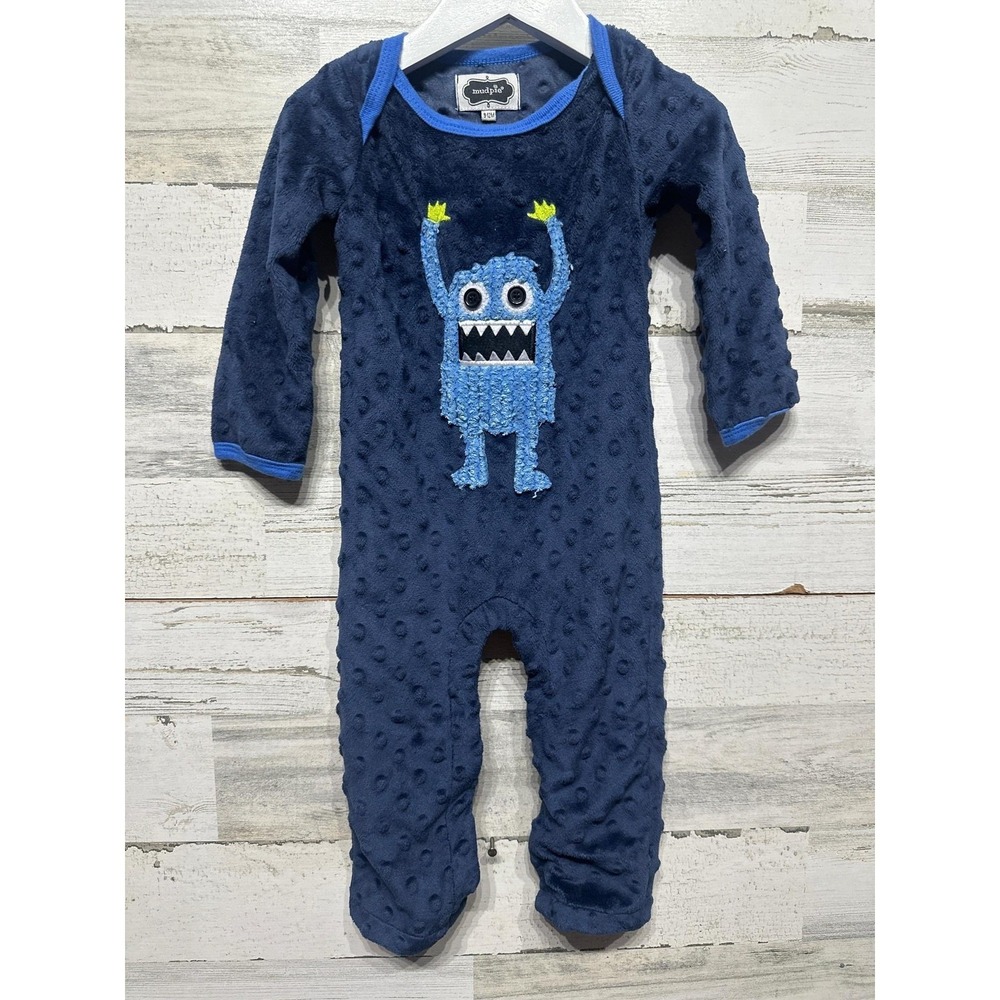 Mud Pie Monster Romper Boys 9-12M Navy Blue Minky Dot Fuzzy Applique EUC